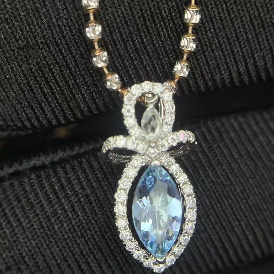 14k Gold 0.50 Ct Natural Aquamarine & Diamond Pendant( Without Chain ) - 2