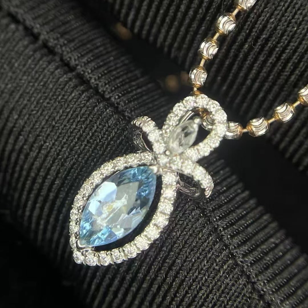 14k Gold 0.50 Ct Natural Aquamarine & Diamond Pendant( Without Chain ) - 4