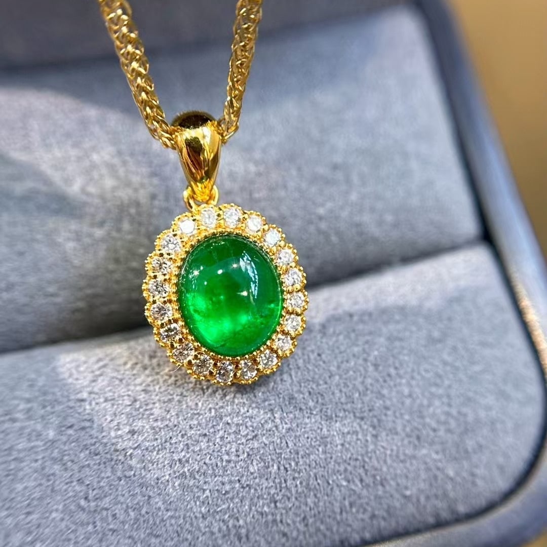 14k Gold 1.30 Ctw Vivid Green Natural Emerald & Diamond Pendant( Without Chain ) - 4