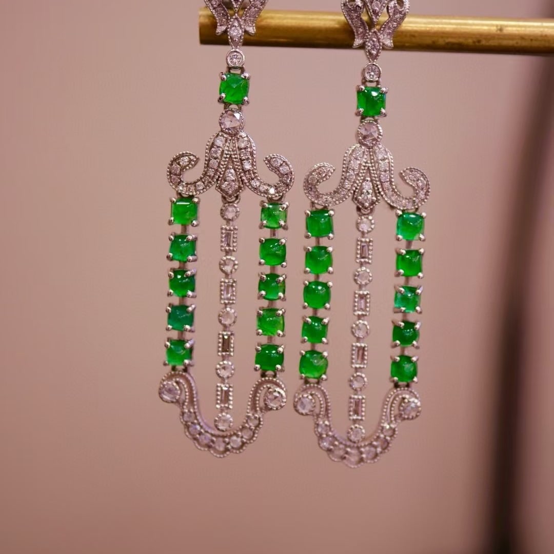 14k Gold 3.83 Ctw Vivid Green Natural Emerald & Diamond Earrings - 2