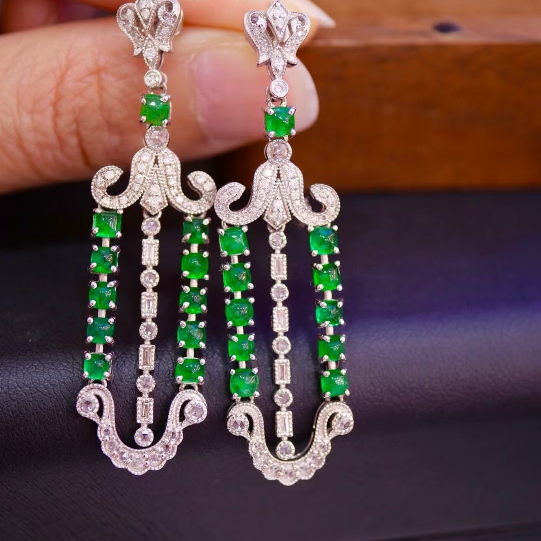 14k Gold 3.83 Ctw Vivid Green Natural Emerald & Diamond Earrings - 3