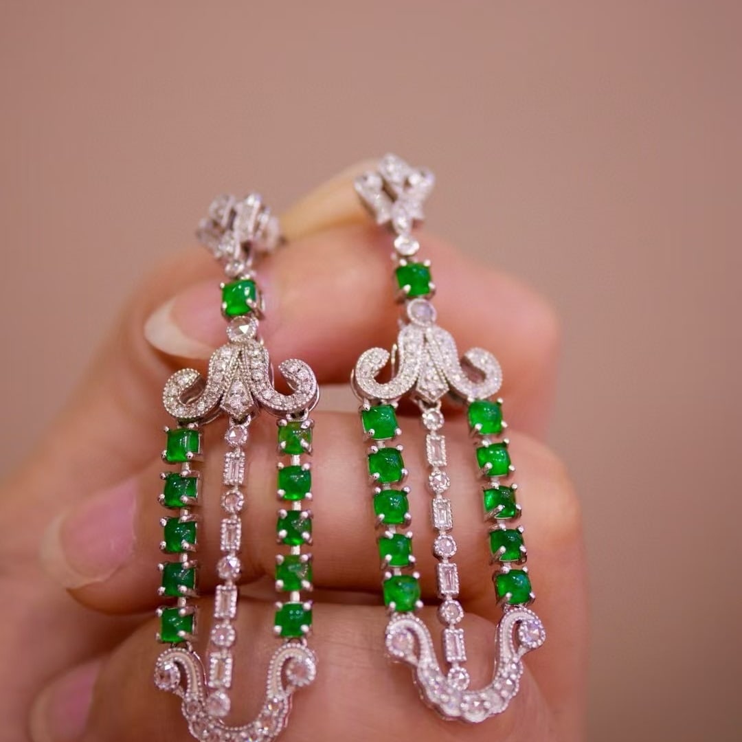 14k Gold 3.83 Ctw Vivid Green Natural Emerald & Diamond Earrings - 4