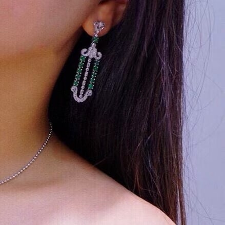 14k Gold 3.83 Ctw Vivid Green Natural Emerald & Diamond Earrings - 5