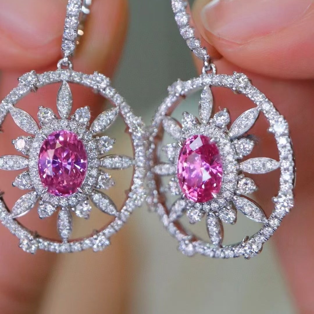 14k Gold 3.61 Ctw Natural Padparadscha Sapphire & Diamond Earrings - 2