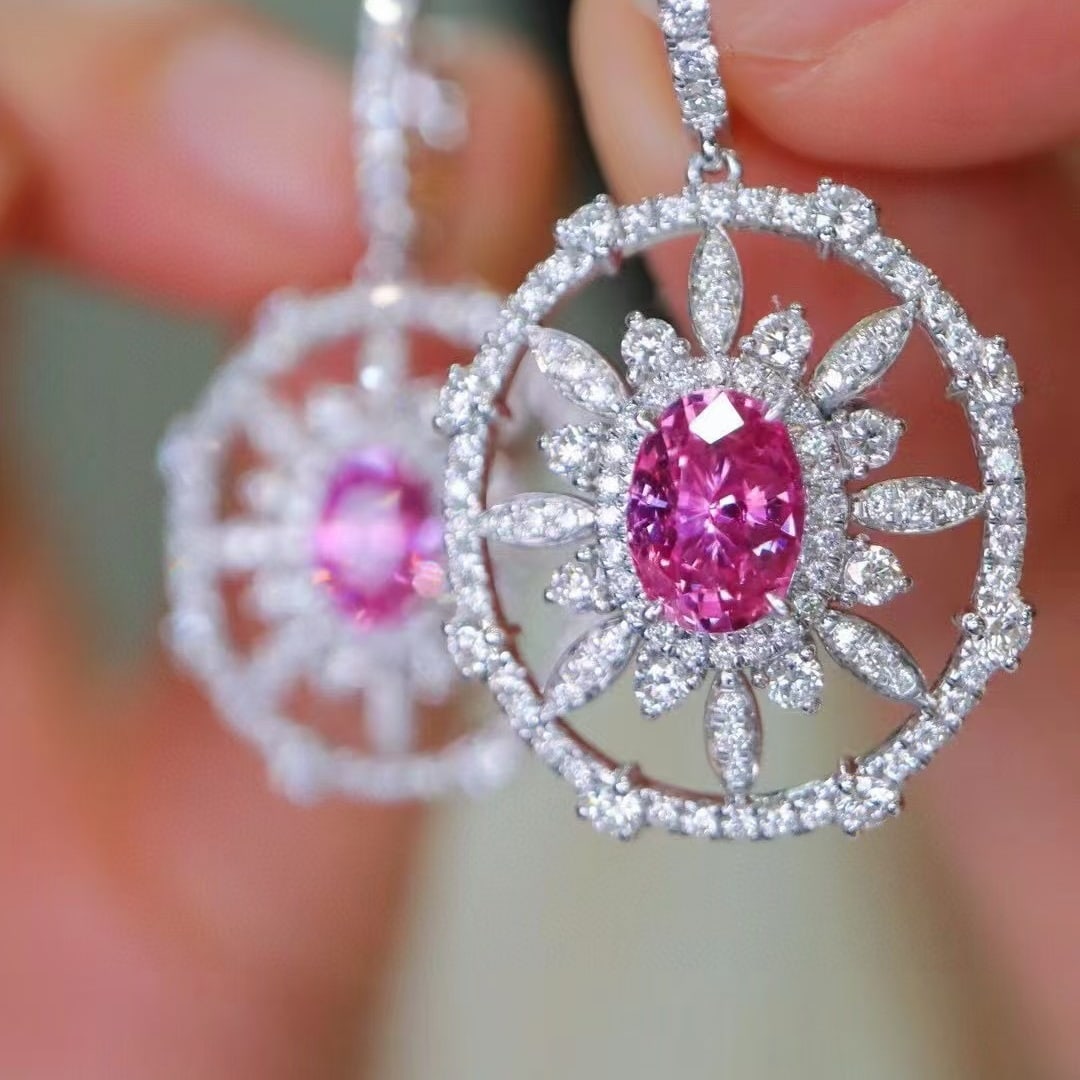 14k Gold 3.61 Ctw Natural Padparadscha Sapphire & Diamond Earrings - 3