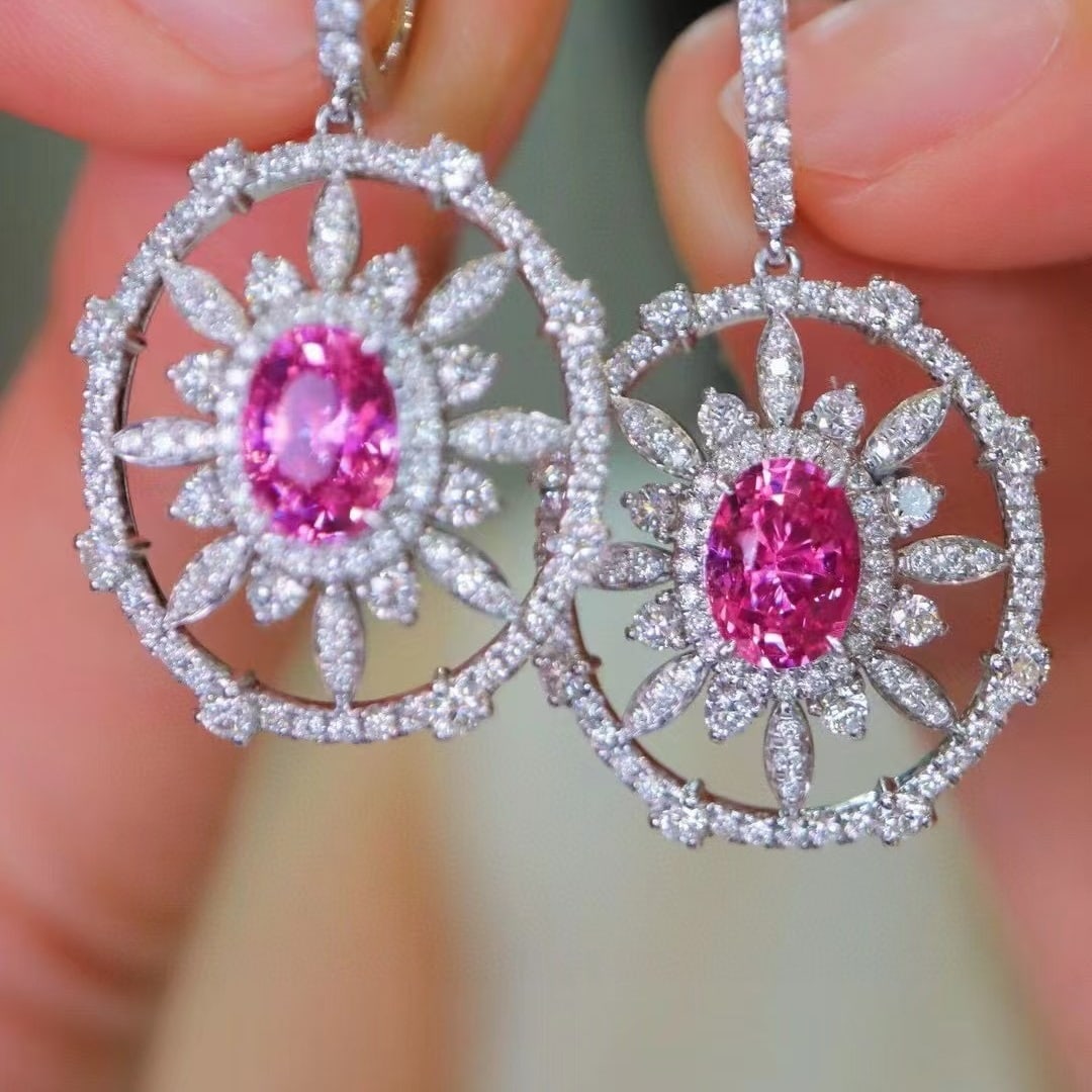 14k Gold 3.61 Ctw Natural Padparadscha Sapphire & Diamond Earrings - 4