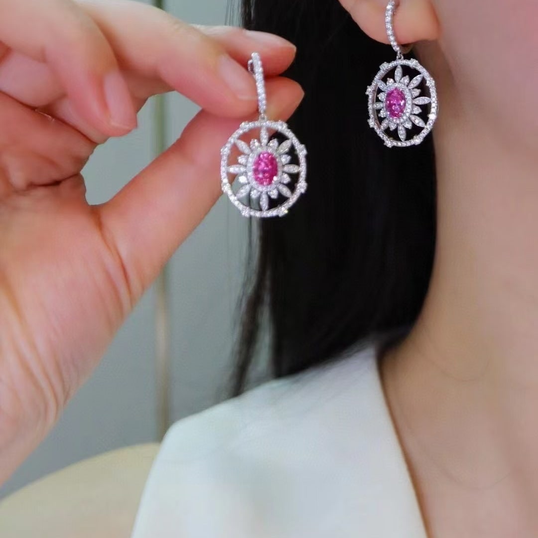 14k Gold 3.61 Ctw Natural Padparadscha Sapphire & Diamond Earrings - 5