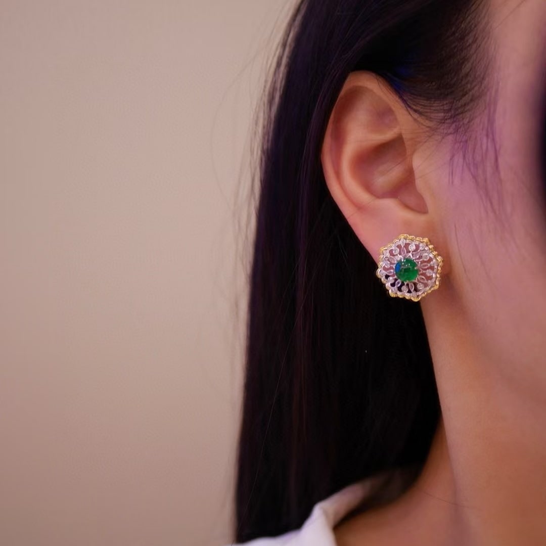 14k Gold 2.52 Ct Vivid Green Natural Emerald & Diamond & Sapphire Earrings - 6