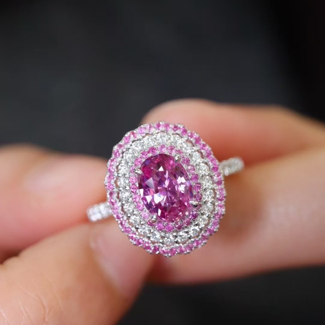 14k Gold 1.35 Ctw Natural Padparadscha Sapphire & Diamond Ring: Ref:230952361 // gold content:14k gold // ring size:7. 25us // // main gemstone:padparadscha sapphire // shape:oval // carat weight:1. 03ct // color:orangish pink // treatment:natural // // adjacent g