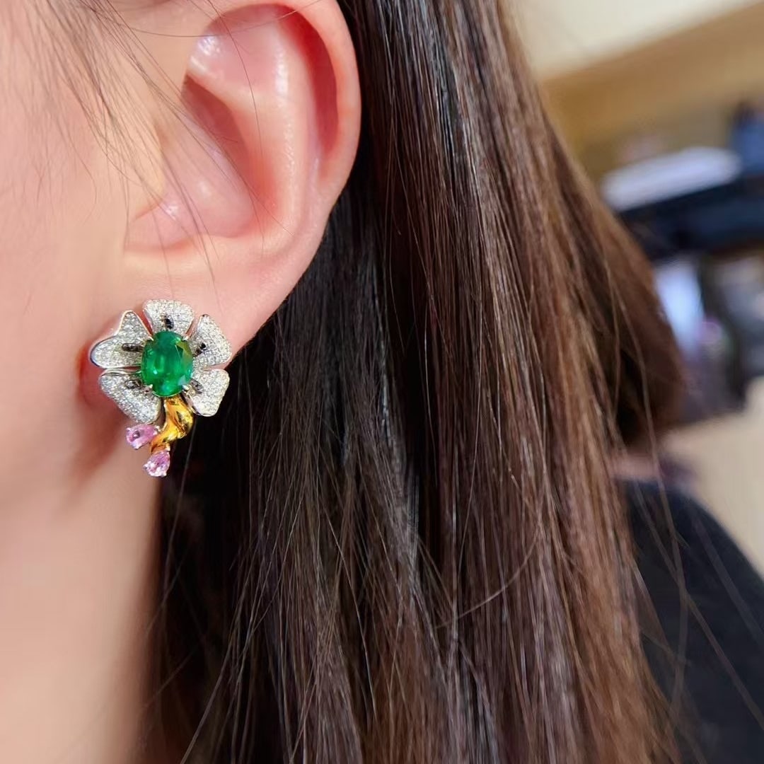 14k Gold 4.35 Ctw Vivid Green Natural Emerald & Diamond Earrings - 5