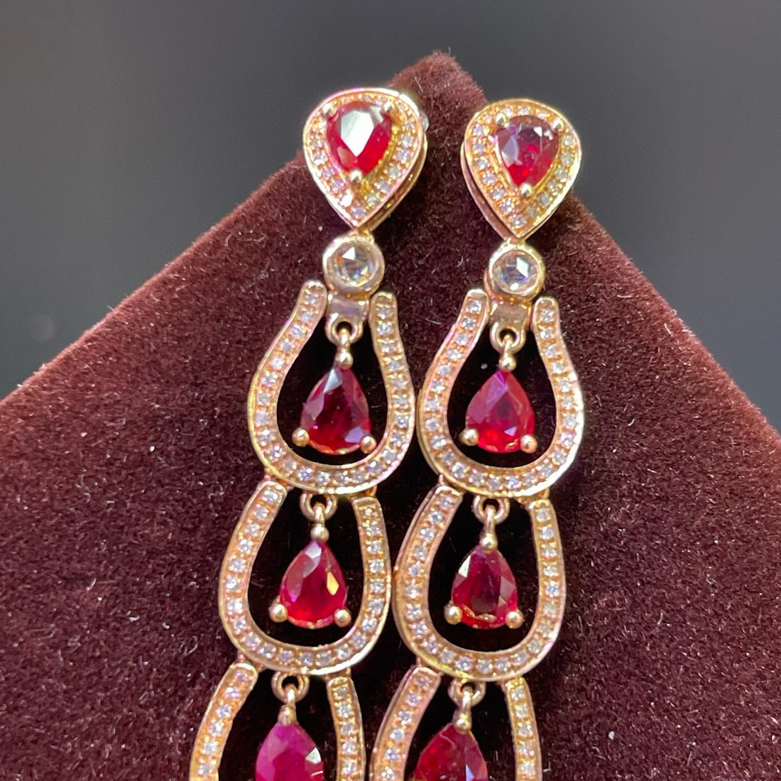 14k Gold 3.37 Ct Vivid Red Natural Ruby & Diamond & Sapphire Earrings (1 of 4)