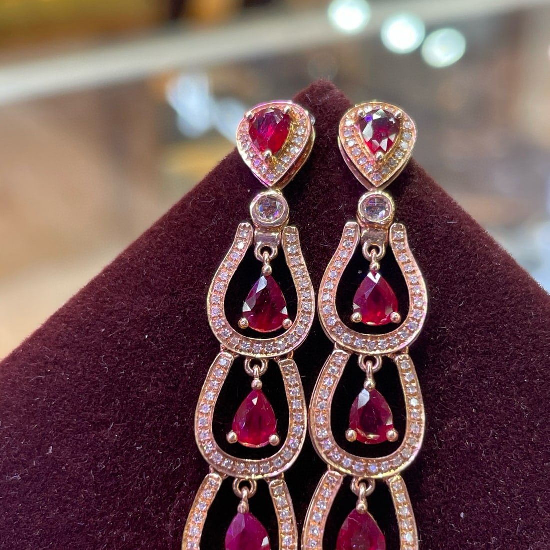 14k Gold 3.37 Ct Vivid Red Natural Ruby & Diamond & Sapphire Earrings - 3