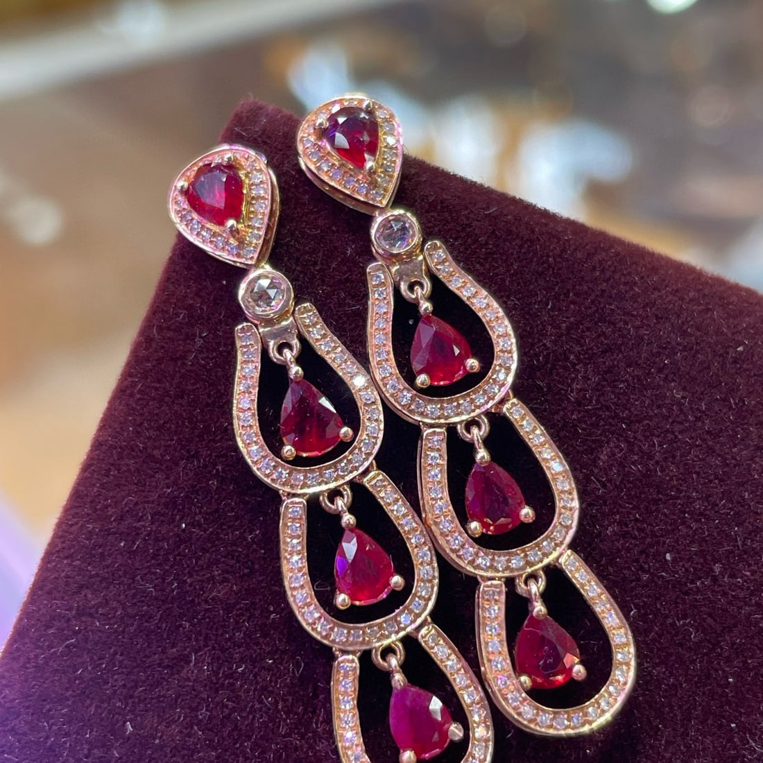 14k Gold 3.37 Ct Vivid Red Natural Ruby & Diamond & Sapphire Earrings - 4