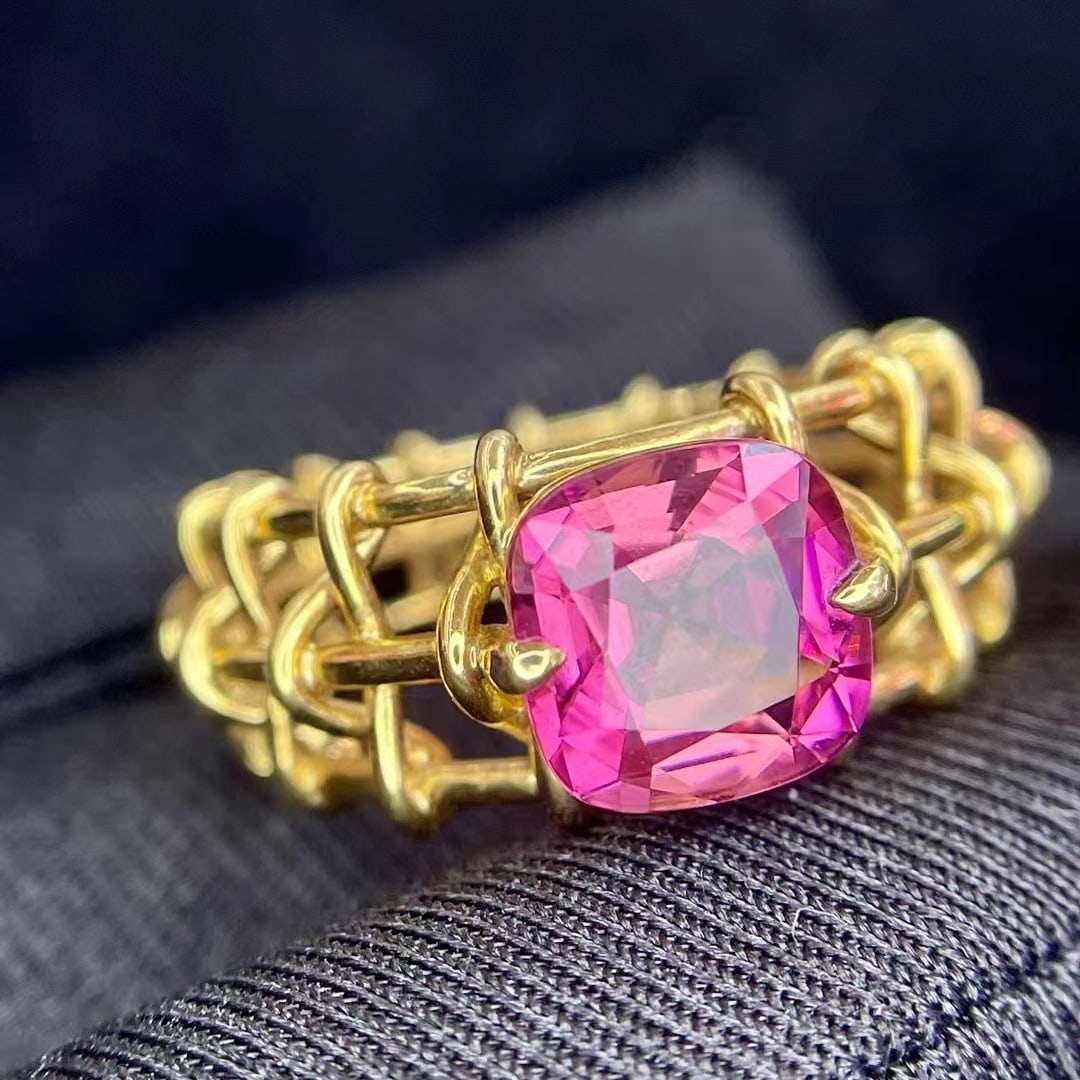 14k Gold 2.67 Ct Natural Tourmaline Ring: Ref:230952374 // gold content:14k gold // ring size:7. 25us // // main gemstone:tourmaline // shape:cushion // carat weight:2. 67ct // color:pink // treatment:natural // Condition: NewLow Estimate: