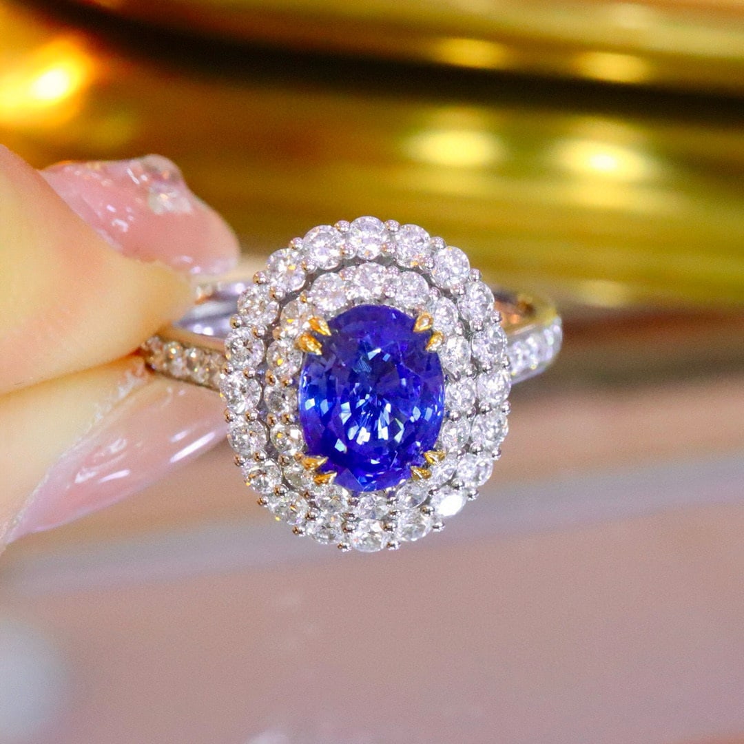 14k Gold 2.76 Ctw Natural Sapphire & Diamond Ring: Ref:230952380 // gold content:14k gold // ring size:7. 25us // // main gemstone:sapphire // shape:oval // carat weight:1. 85ct // color:cornflower blue // treatment:natural // // adjacent gemstone 2 :