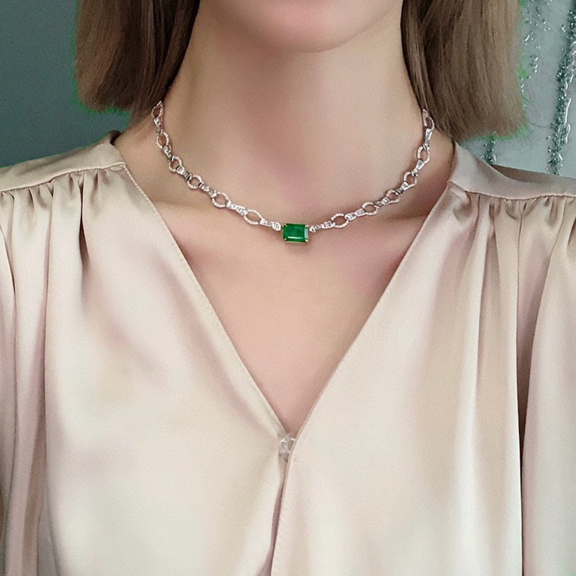 14k Gold 8.26 Ctw Vivid Green Natural Emerald & Diamond Necklace - 5