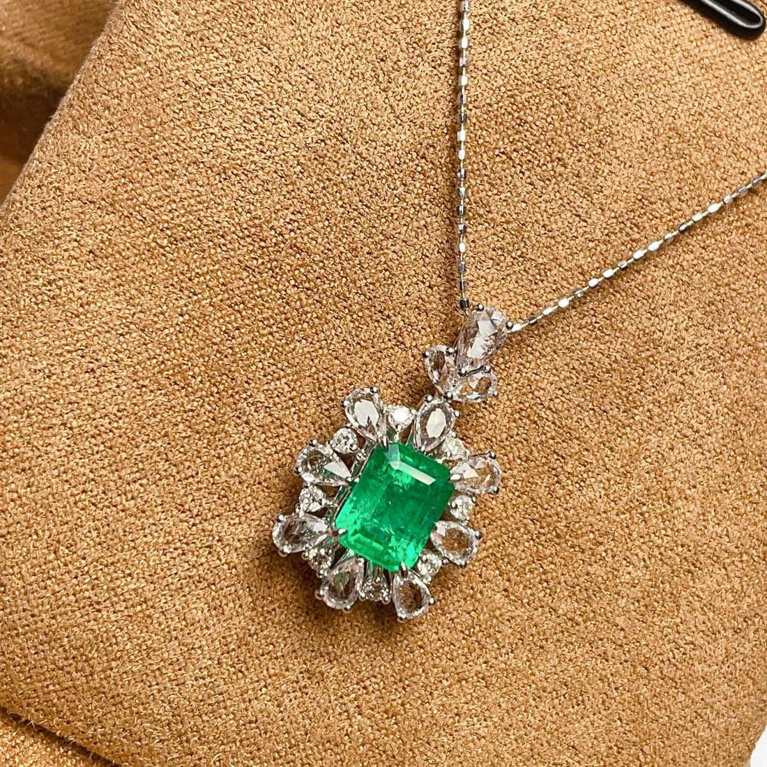 14k Gold 1.3 Ct Vivid Green Natural Emerald & Diamond & Sapphire Pendant( Without Chain ) - 2