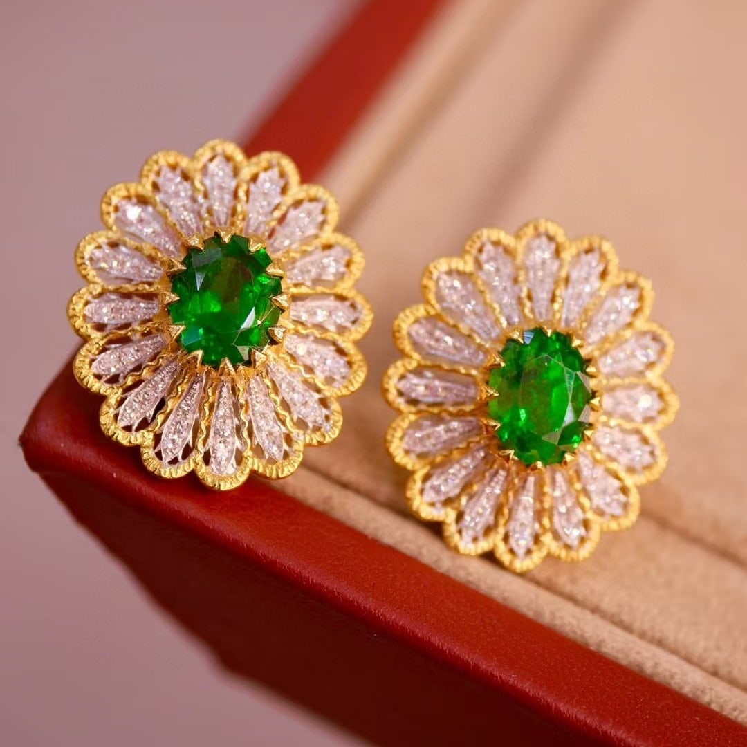 14k Gold 3.66 Ctw Vivid Green Natural Tsavorite & Diamond Earrings - 3