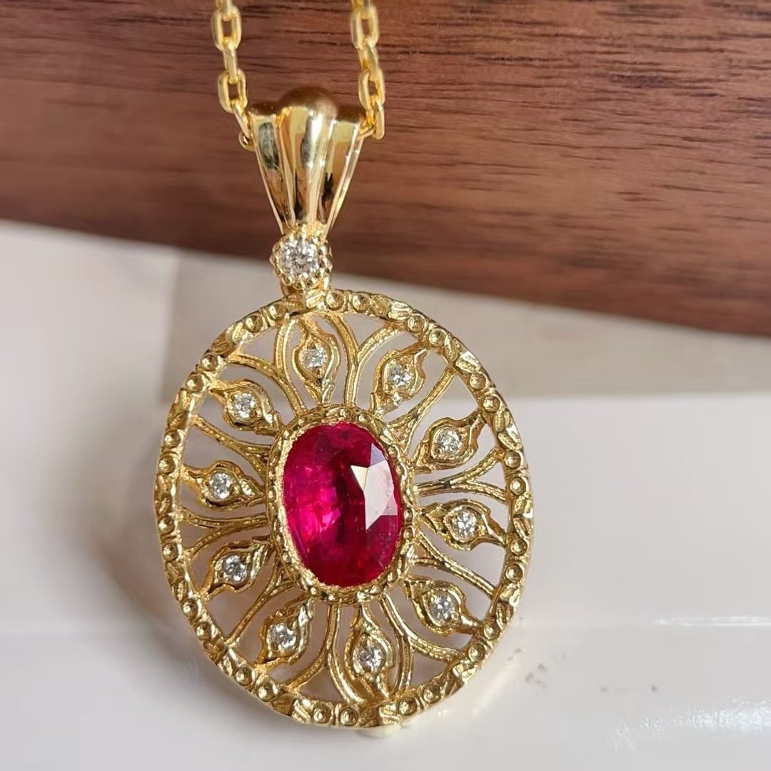 14k Gold 0.80 Ctw Natural Ruby & Diamond Pendant( Without Chain ): Ref:230952405 // gold content:14k gold // main gemstone:ruby // shape:oval // carat weight:0. 73ct // color:pigeonblood red // treatment:natural // // adjacent gemstone 2 : diamond // shape:round // c
