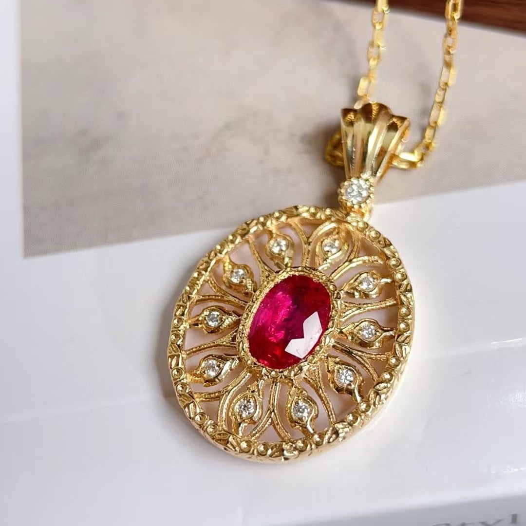 14k Gold 0.80 Ctw Natural Ruby & Diamond Pendant( Without Chain ) - 2