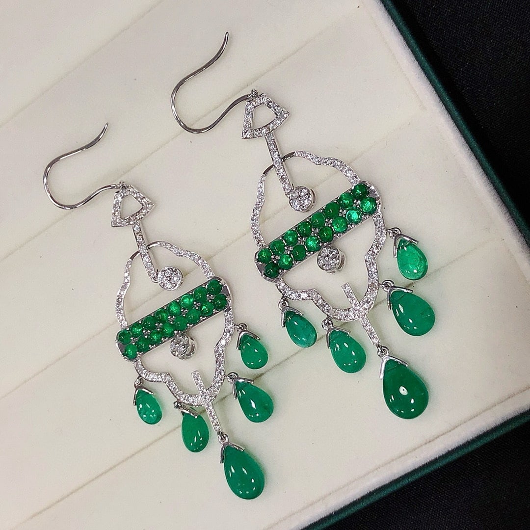 14k Gold 14.17 Ctw Natural Emerald & Diamond Earrings - 3