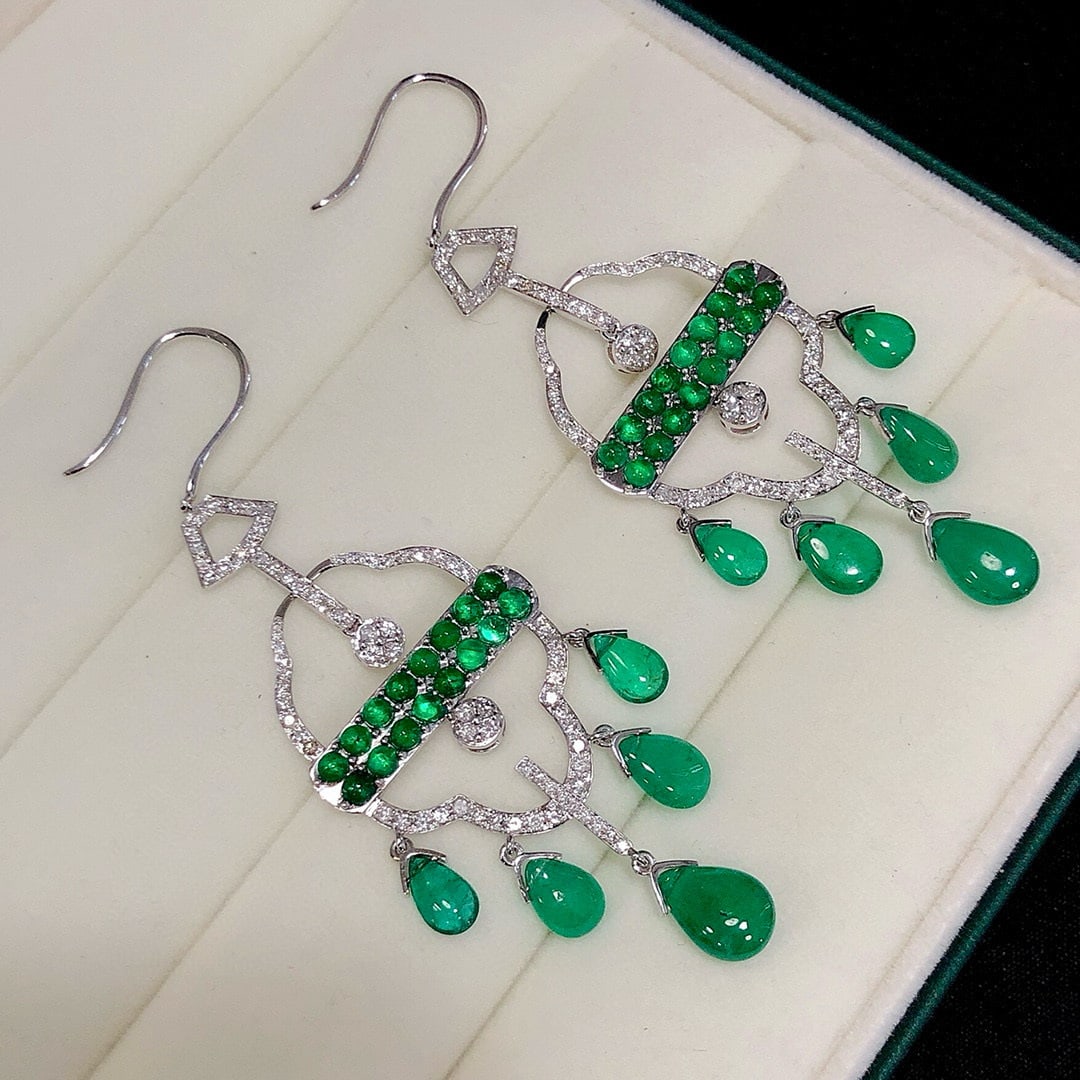 14k Gold 14.17 Ctw Natural Emerald & Diamond Earrings - 4