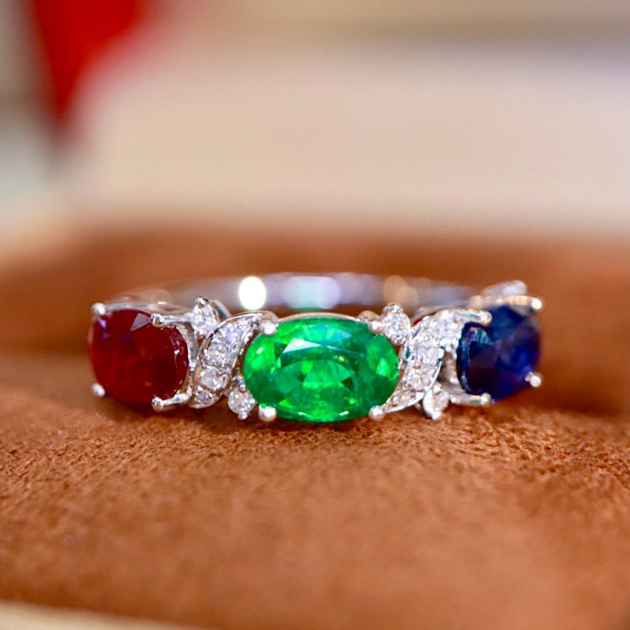 14k Gold 2.09 Ctw Natural Emerald & Sapphire & Ruby & Diamond Ring - 5