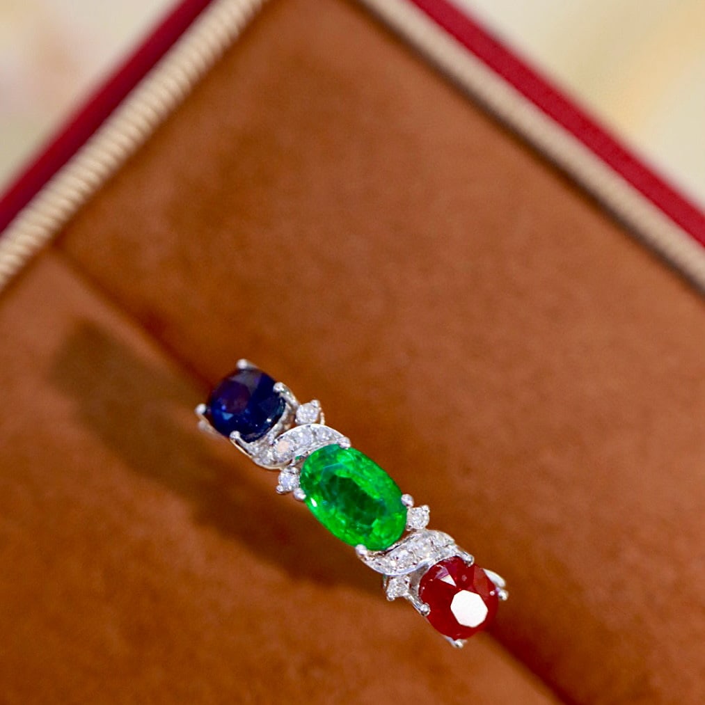 14k Gold 2.09 Ctw Natural Emerald & Sapphire & Ruby & Diamond Ring - 6