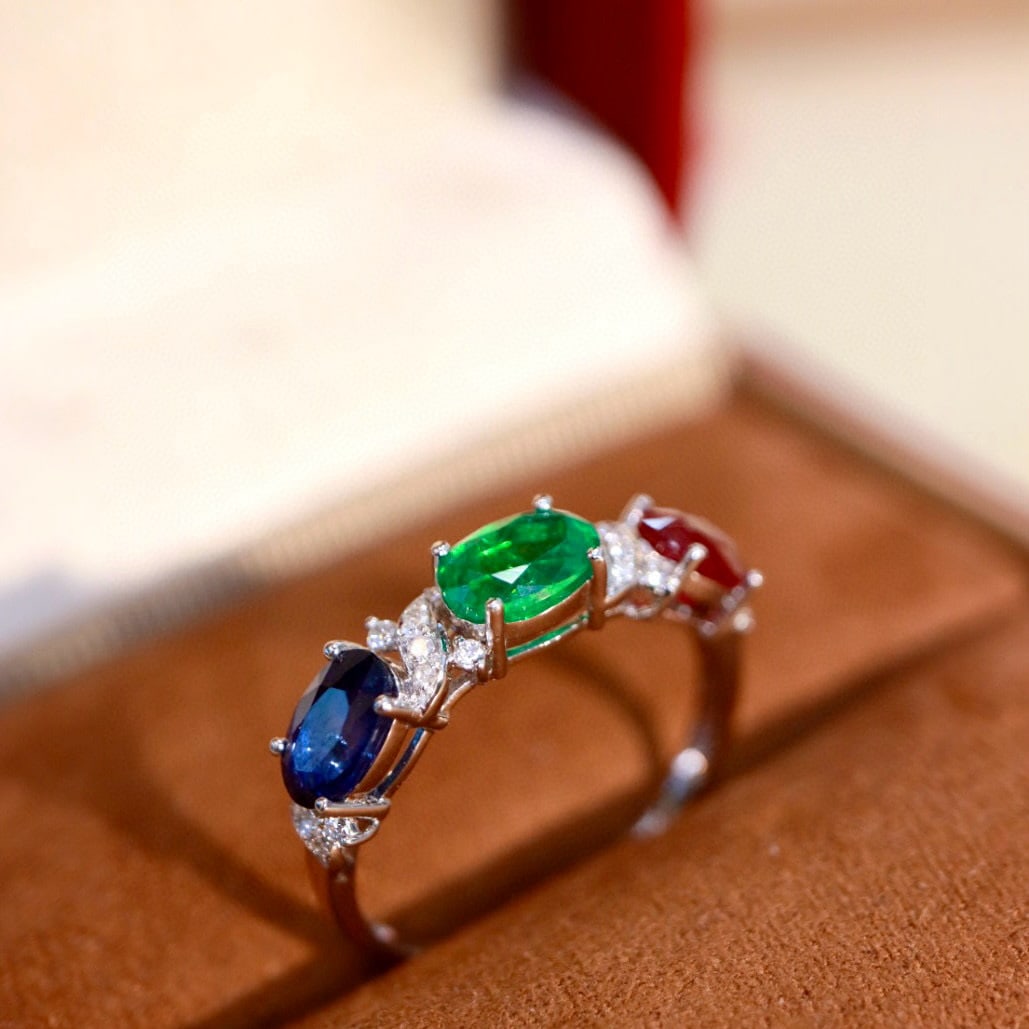 14k Gold 2.09 Ctw Natural Emerald & Sapphire & Ruby & Diamond Ring - 8