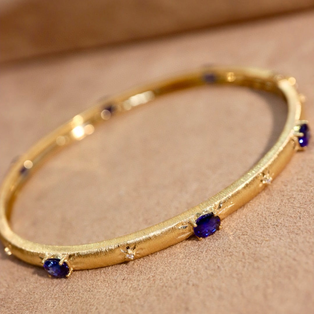 14k Gold 2.49 Ctw Vivid Blue Natural Sapphire & Diamond Bangle - 4