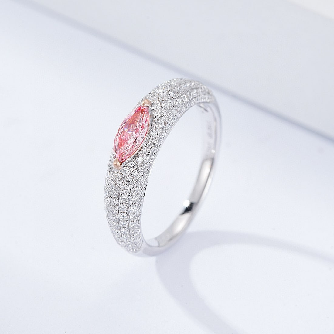 14k Gold 1.17 Ctw Natural Pink Diamond & Diamond Ring: Ref:230953009 // gold content:14k gold // ring size:7. 25us // // main gemstone:pink diamond // shape:marquise // carat weight:0. 31ct // color:pink // treatment:natural // // adjacent gemstone 2