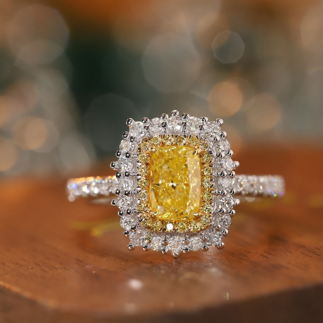 14k Gold 1.65 Ctw Natural Yellow Diamond & Diamond Ring: Ref:230953011 // gold content:14k gold // ring size:7. 25us // // main gemstone:yellow diamond // shape:cushion // carat weight:1ct // color:yellow // treatment:natural // // adjacent gemstone 2 :