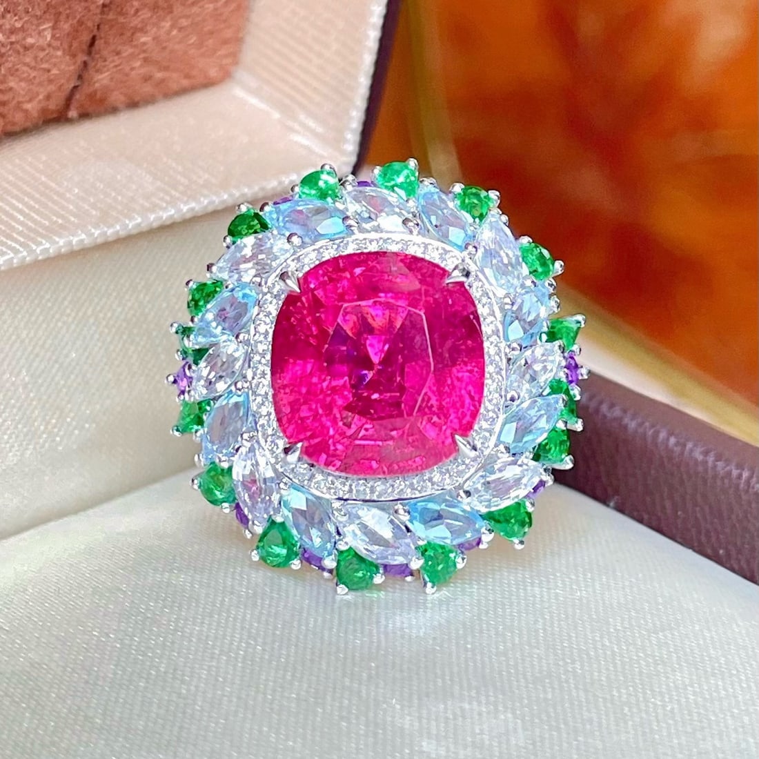 14k Gold 7.35 Ctw Natural Tourmaline & Diamond Ring: Ref:230953015 // gold content:14k gold // ring size:7. 25us // // main gemstone:tourmaline // shape:cushion // carat weight:7. 00ct // color:red // treatment:natural // // adjacent gemstone 2 :