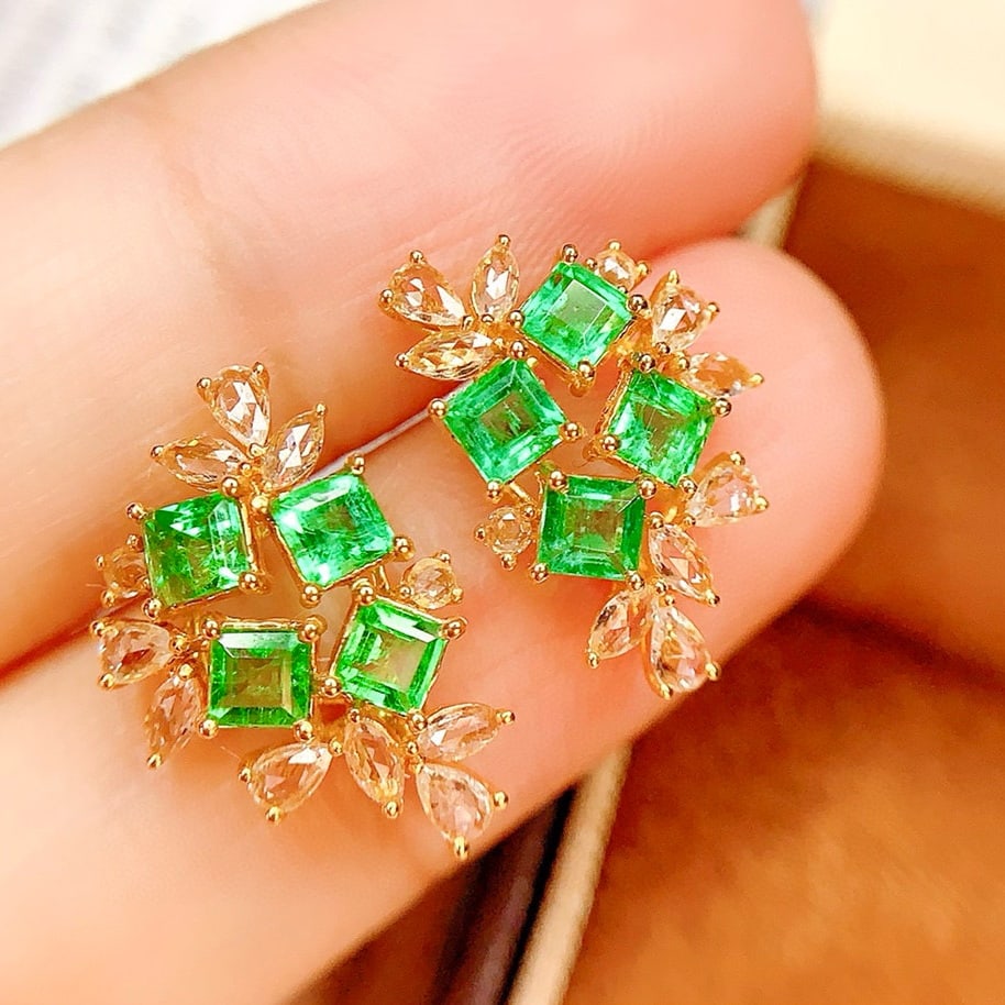 14k Gold 1.5 Ct Natural Emerald & Sapphire Earrings - 6