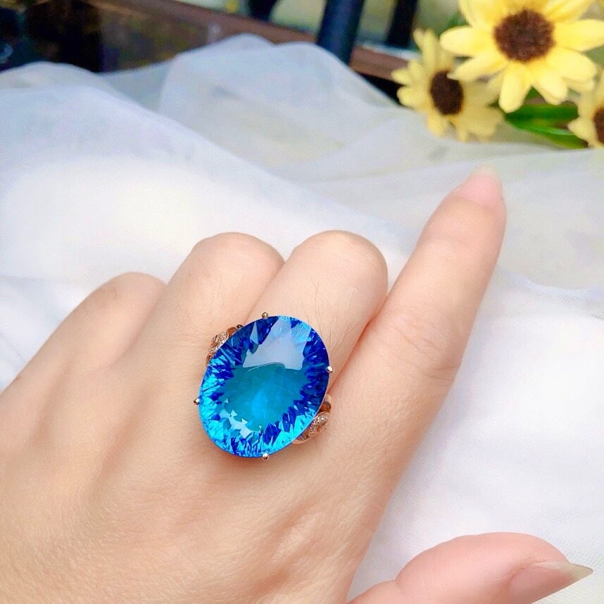 14k Gold 36.90 Ct Natural Topaz & Diamond Ring - 6