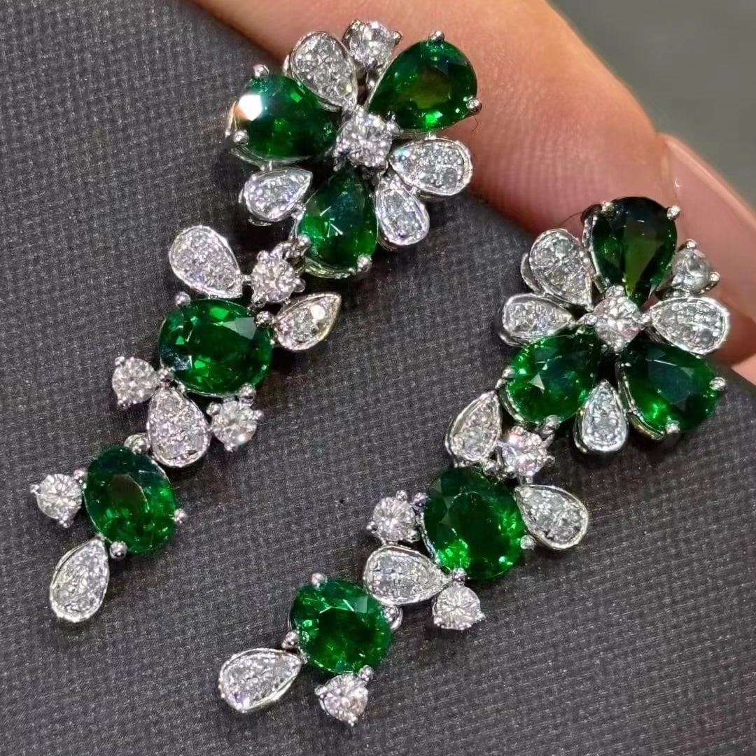 14k Gold 4.21 Ct Vivid Green Natural Tsavorite & Diamond Earrings - 4