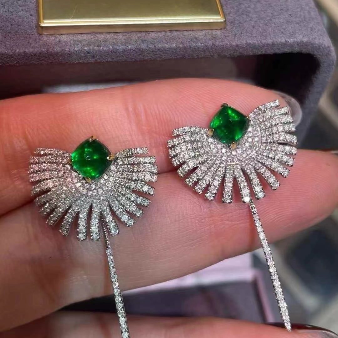 14k Gold 2 Ct Vivid Green Natural Emerald & Diamond Earrings - 3