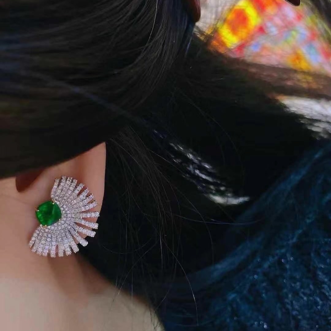 14k Gold 2 Ct Vivid Green Natural Emerald & Diamond Earrings - 4