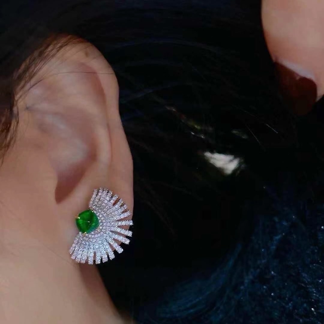 14k Gold 2 Ct Vivid Green Natural Emerald & Diamond Earrings - 5