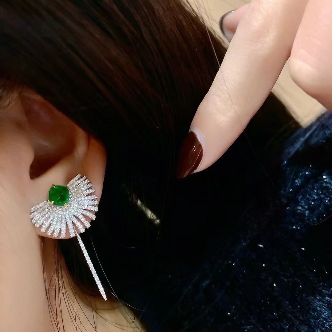 14k Gold 2 Ct Vivid Green Natural Emerald & Diamond Earrings - 6