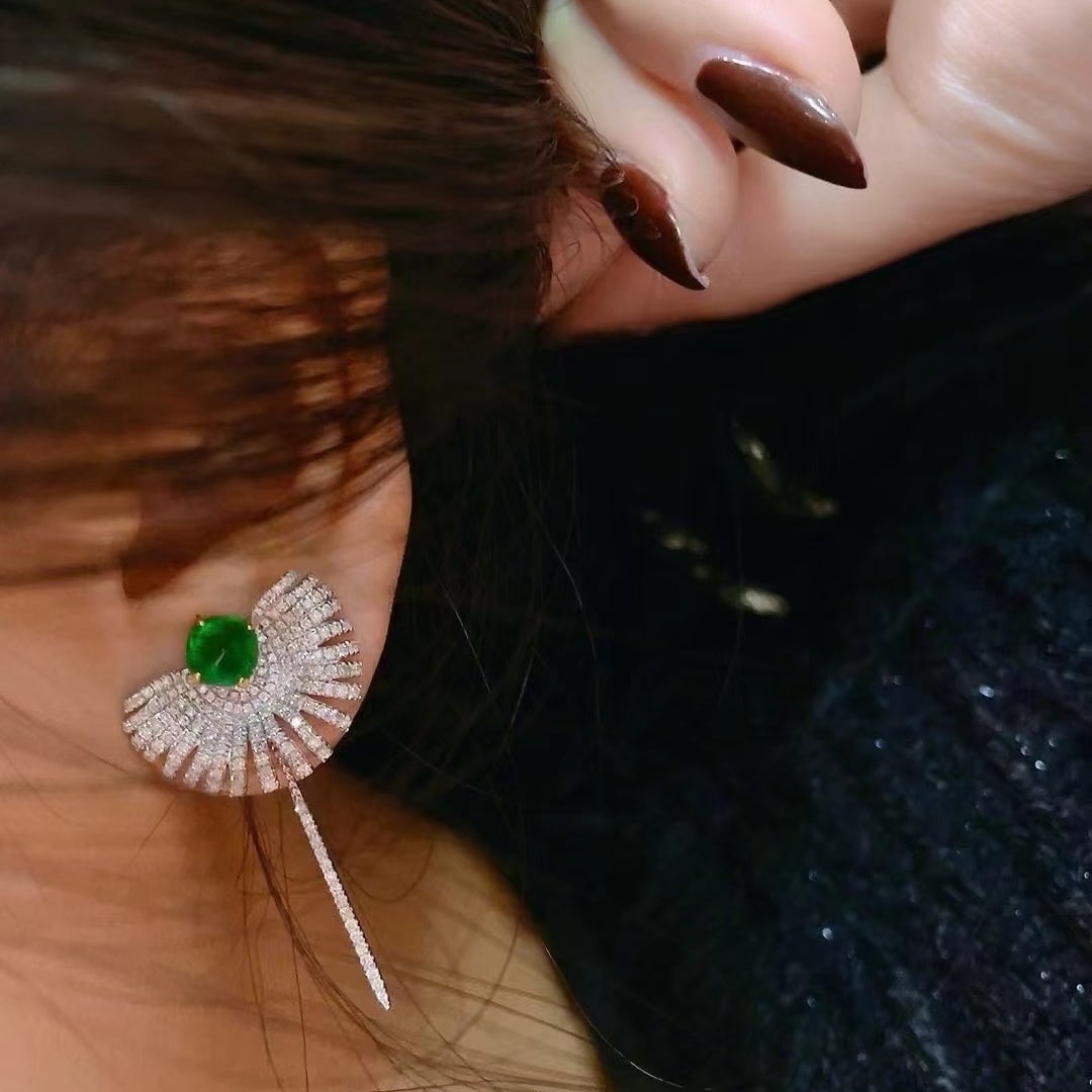 14k Gold 2 Ct Vivid Green Natural Emerald & Diamond Earrings - 7