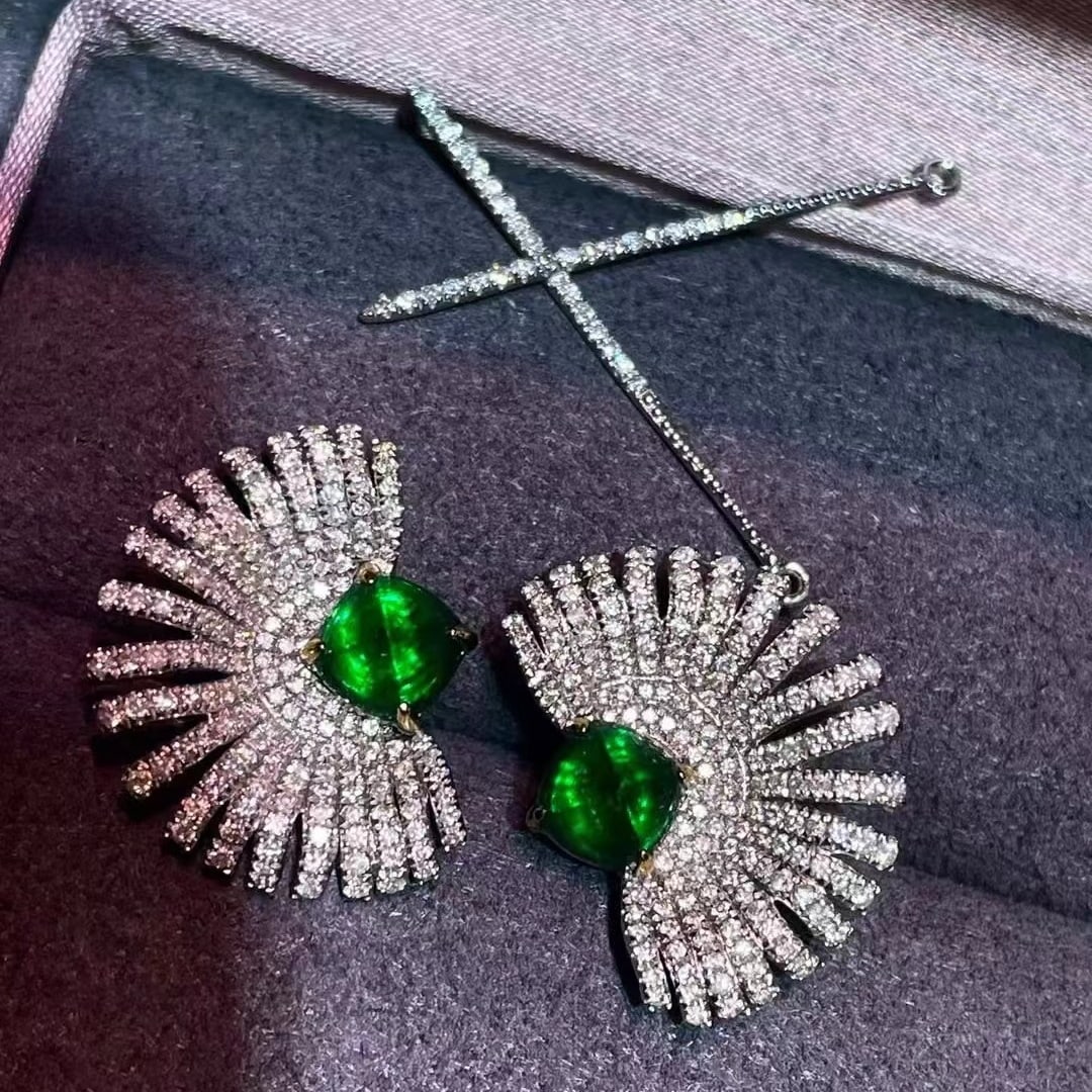 14k Gold 2 Ct Vivid Green Natural Emerald & Diamond Earrings - 8