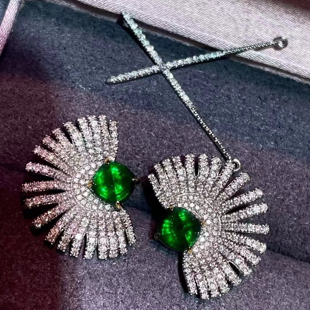 14k Gold 2 Ct Vivid Green Natural Emerald & Diamond Earrings - 9