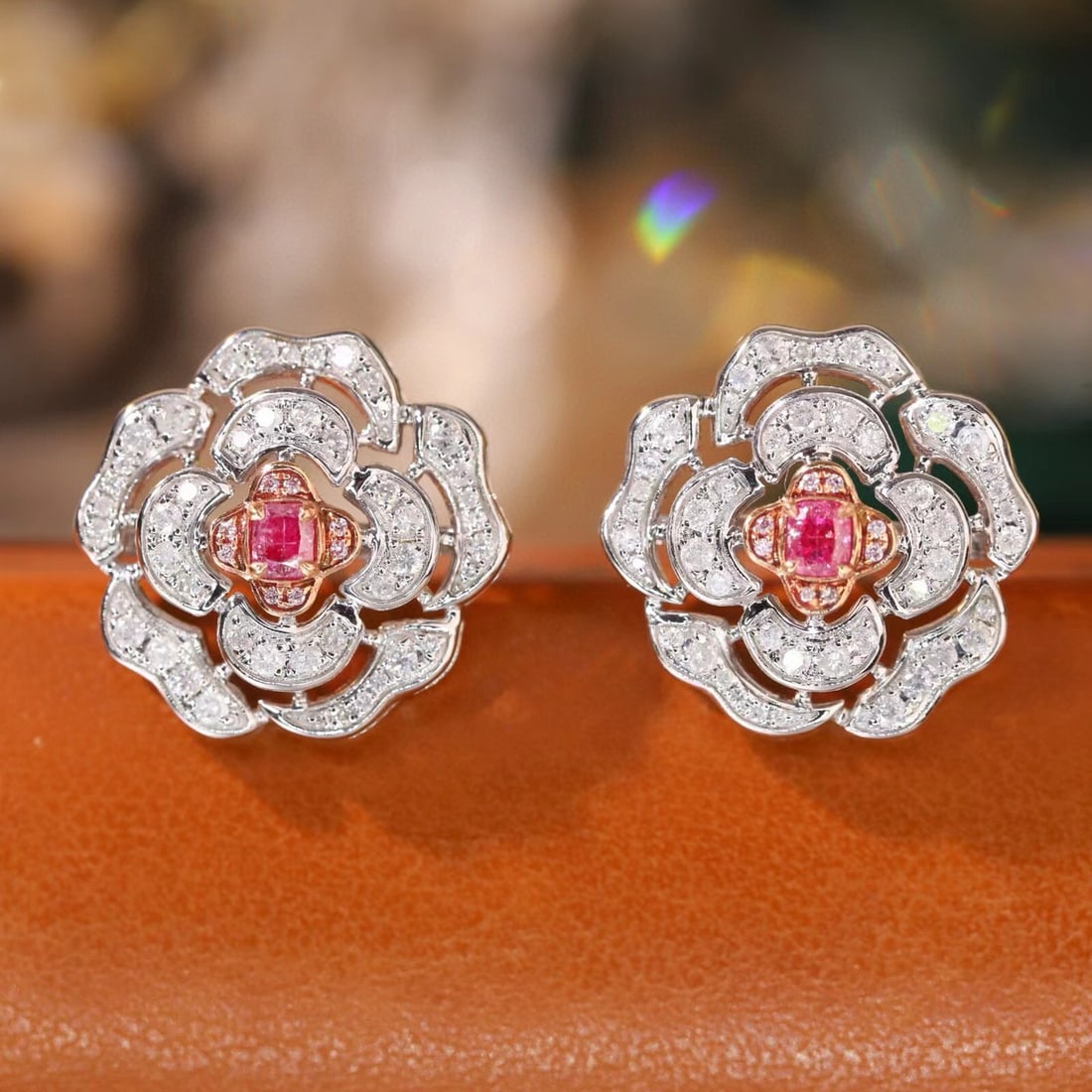 14k Gold 0.90 Ctw Natural Pink Diamond & Diamond Earrings - 3