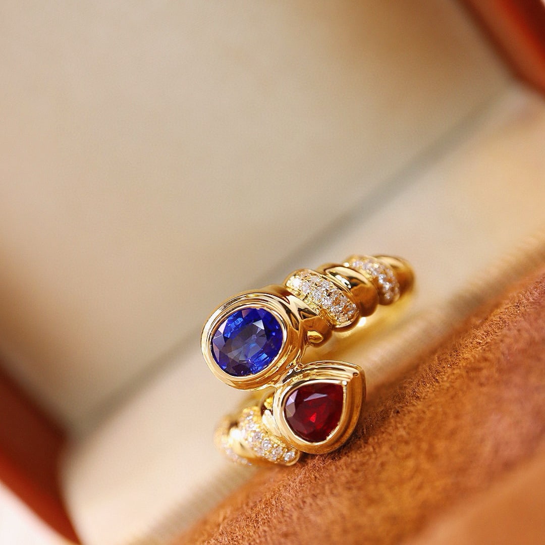 14k Gold 1.07 Ctw Natural Sapphire & Ruby & Diamond Ring - 4
