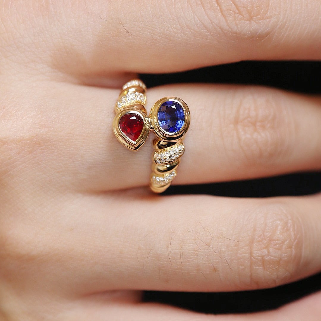 14k Gold 1.07 Ctw Natural Sapphire & Ruby & Diamond Ring - 7