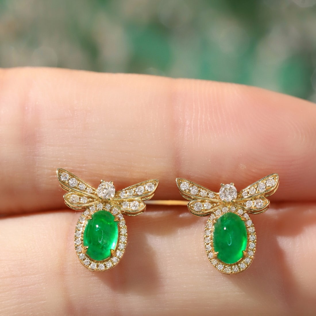 14k Gold 1.19 Ctw Vivid Green Natural Emerald & Diamond Earrings - 2