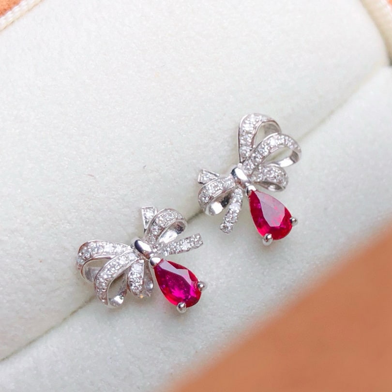 14k Gold 0.70 Ctw Natural Ruby & Diamond Earrings - 3