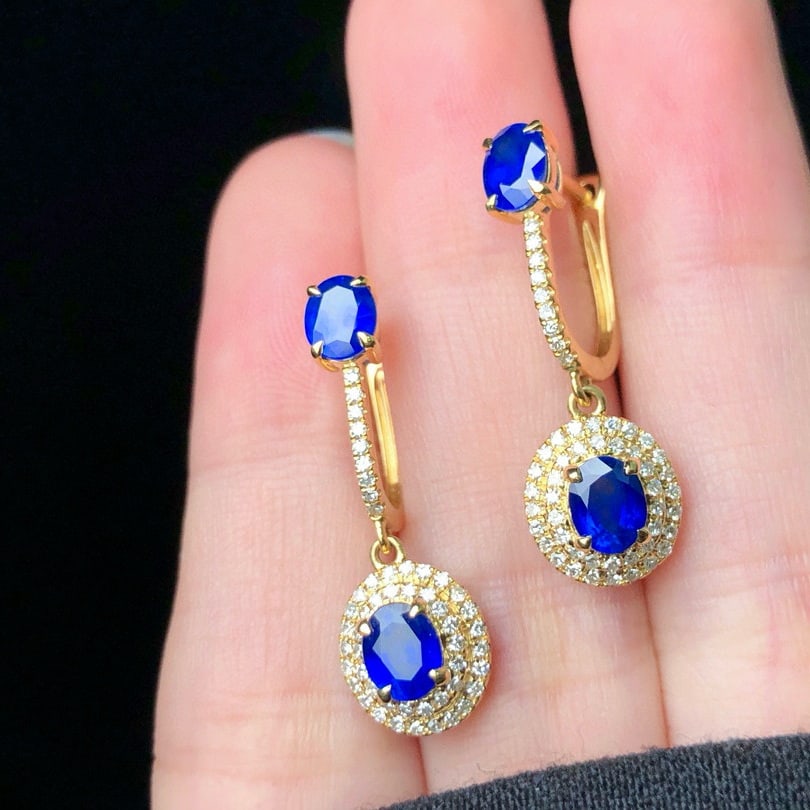 14k Gold 2.23 Ctw Natural Sapphire & Diamond Earrings - 3