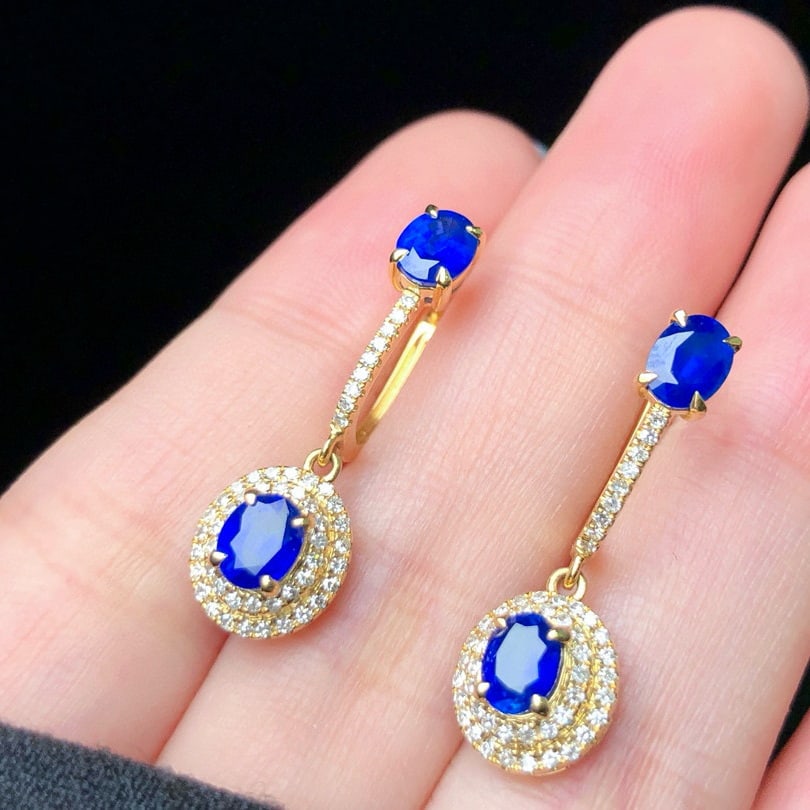 14k Gold 2.23 Ctw Natural Sapphire & Diamond Earrings - 4